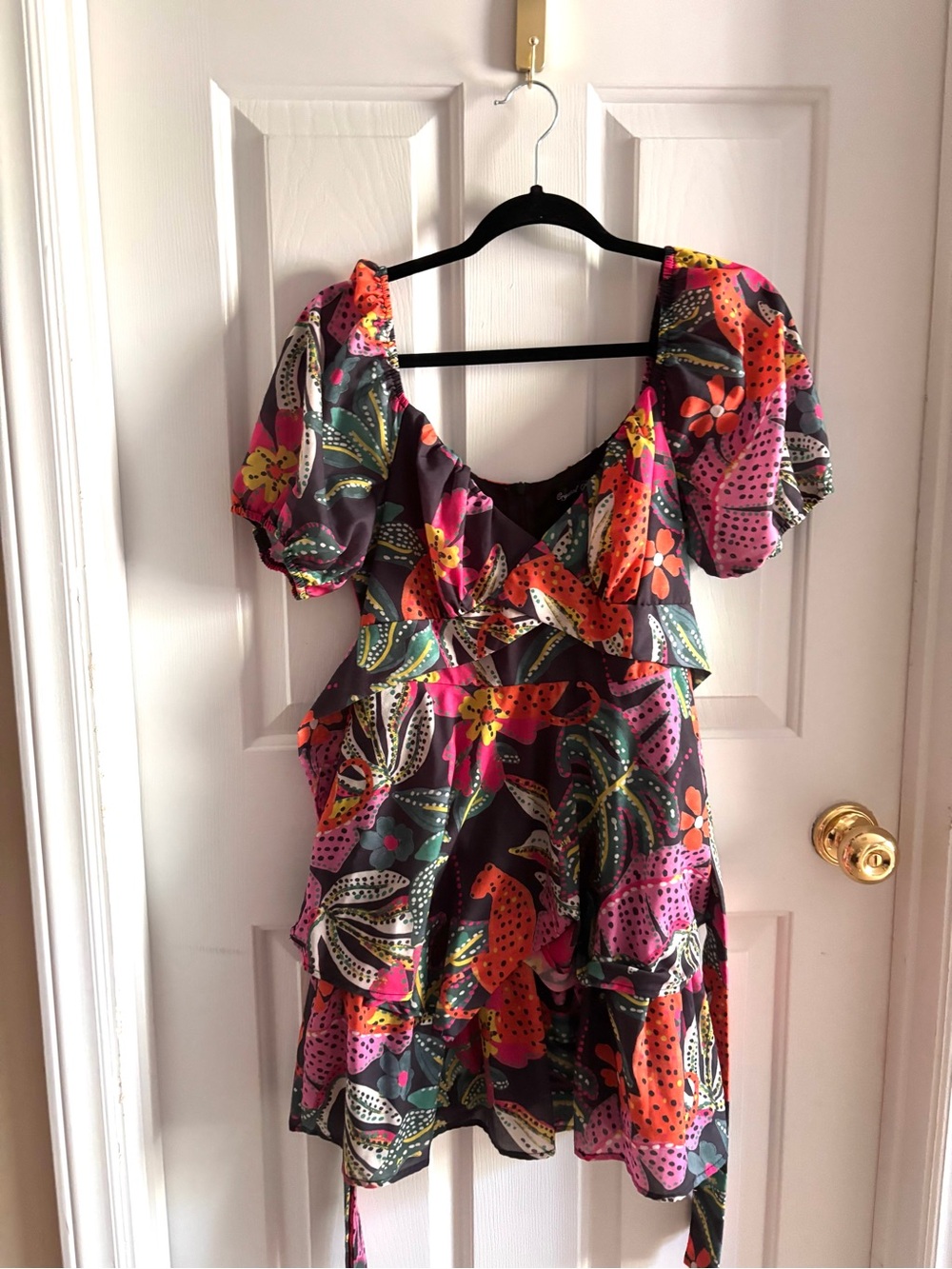 Crystal Doll Floral Puff Sleeve Tie-Waist Mini Dress - Pink, Orange & Green